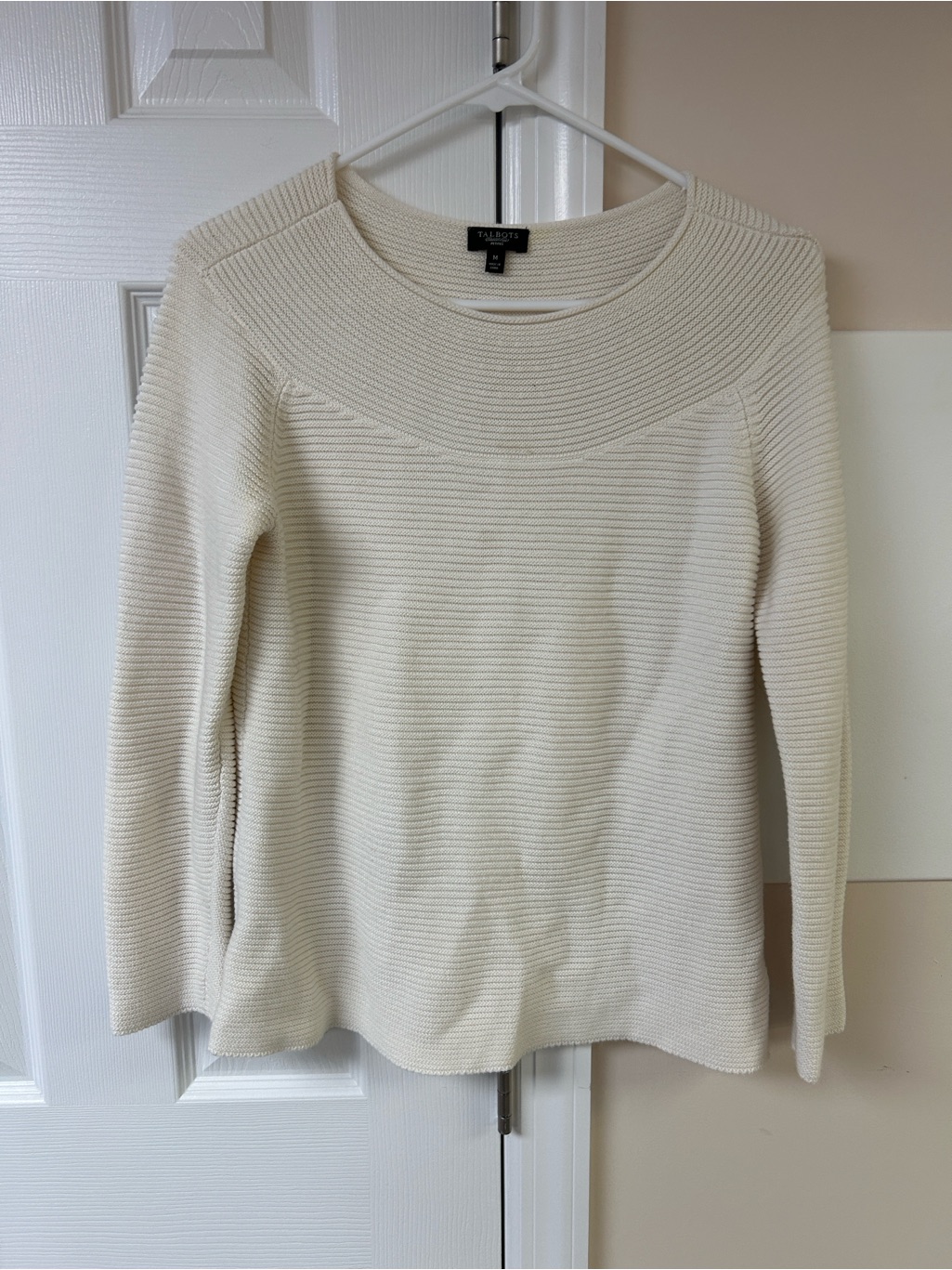 Talbots Petites Sweater Ivory Rib Knit Long Sleeve Pullover Cotton Blend